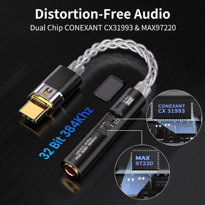BZINK محول صوت USB Type-C إلى 3.5mm لسماعات الرأس، محول DAC عالي الدقة مع كابل نحاسي فضي مطلي ب 8 خيوط 4N، USB C إلى aux لأجهزة Android و iPhone و PC و Mac (أخضر) - Image 2